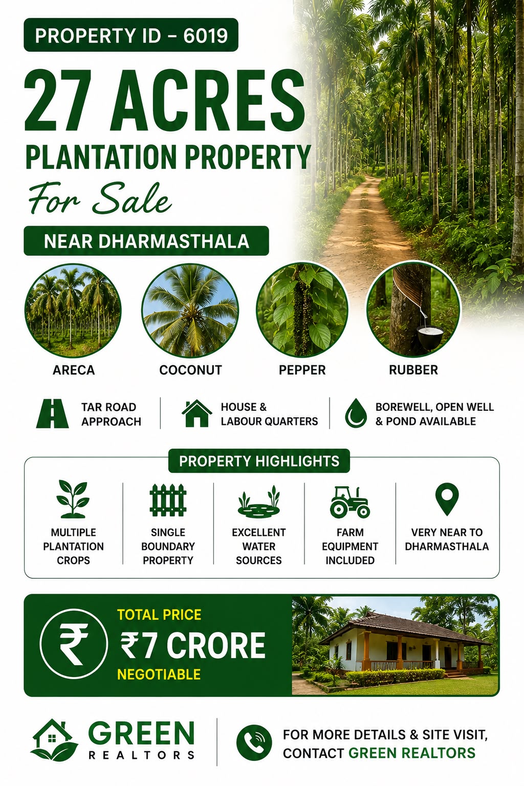 🆔 *PROPERTY ID – 6019* 🌴🌿 *27 Acres areca and coconut Plantation Property for Sale – Near Dharmasthala*